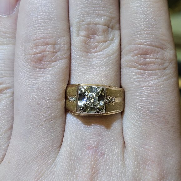 10K Two Tone Gold Men's Diamond Solitaire Ring Band with Accents Size 8.75